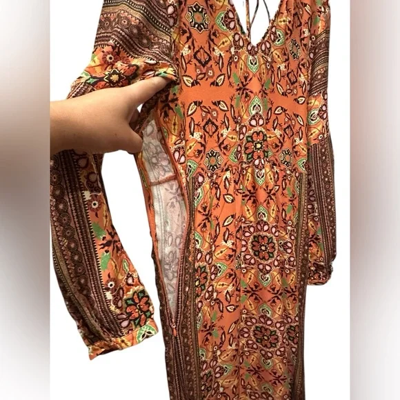 Farm Rio Anthropologie Clarabella Orange Floral Long Sleeve Maxi Dress M - Picture 9 of 12